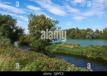 Der Coppermill Stream und der Stausee auf den Walthamstow Wetlands, Nord-London, Südostengland, im Sommer Stockfoto