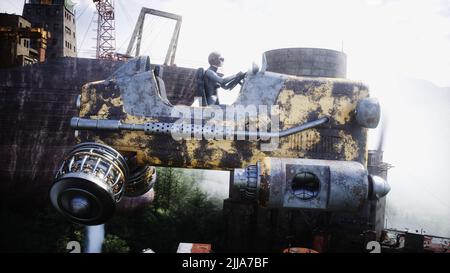 Fantasy Fee Cyberpunk Stadt. Mädchen im fliegenden Auto. Postapokalypde-Konzept. 3D Rendern. Stockfoto