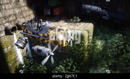 Fantasy Fee Cyberpunk Stadt. Mädchen im fliegenden Auto. Postapokalypde-Konzept. 3D Rendern. Stockfoto