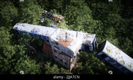 Fantasy Fee Cyberpunk Stadt. Mädchen im fliegenden Auto. Postapokalypde-Konzept. 3D Rendern. Stockfoto