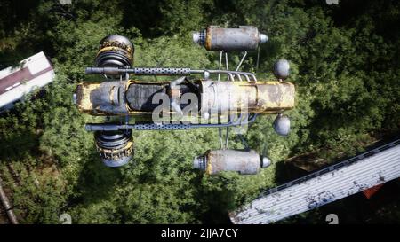 Fantasy Fee Cyberpunk Stadt. Mädchen im fliegenden Auto. Postapokalypde-Konzept. 3D Rendern. Stockfoto