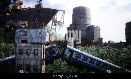 Fantasy Fee Cyberpunk Stadt. Mädchen im fliegenden Auto. Postapokalypde-Konzept. 3D Rendern. Stockfoto