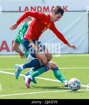 Inver Park, Larne, County Antrim, Nordirland, Großbritannien. 03. Juni 2022. UEFA 2023 Under21 Championship Qualifier - Gruppe C - Nordirland 0 Spanien 6. Spanien U21-Spieler Victor Chust Spanien (15) Stockfoto