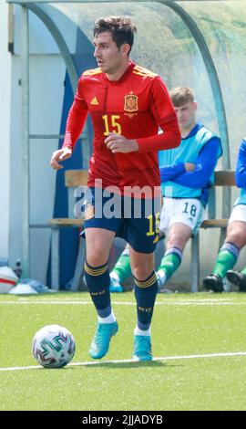 Inver Park, Larne, County Antrim, Nordirland, Großbritannien. 03. Juni 2022. UEFA 2023 Under21 Championship Qualifier - Gruppe C - Nordirland 0 Spanien 6. Spanien U21-Spieler Victor Chust Spanien (15) Stockfoto