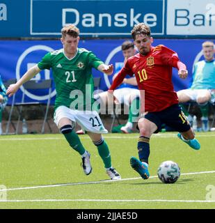 Inver Park, Larne, County Antrim, Nordirland, Großbritannien. 03. Juni 2022. UEFA 2023 Under21 Championship Qualifier - Gruppe C - Nordirland 0 Spanien 6. Spanien Internationaler U21 Spieler Rodri Spanien (10) Stockfoto