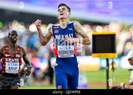 EUGENE, USA - 24. JULI: Jakob Ingebrigtsen aus Norwegen tritt während der Leichtathletik-Weltmeisterschaften am 24. Juli 2022 in Eugene, USA, auf der Men's 5000m an (Foto: Andy Astfalck/BSR Agency) Atletiekunie Stockfoto