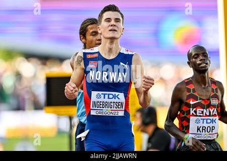 EUGENE, USA - 24. JULI: Jakob Ingebrigtsen aus Norwegen tritt während der Leichtathletik-Weltmeisterschaften am 24. Juli 2022 in Eugene, USA, auf der Men's 5000m an (Foto: Andy Astfalck/BSR Agency) Atletiekunie Stockfoto