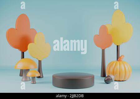 Herbstbäume mit Kürbis, Eicheln und Pilzen Happy Thahksgiving Podium 3D Render. Stockfoto