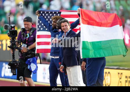 Der Präsident der Leichtathletik, Sebastian Coe, am zehnten Tag der Leichtathletik-Weltmeisterschaften im Hayward Field, University of Oregon in den Vereinigten Staaten von Amerika. Bilddatum: Sonntag, 24. Juli 2022. Stockfoto