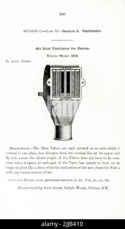 Lufteinlassventilator für Drains aus dem Buch 'illustrierte Liste der Exponate, denen Medaillen auf ihren Ausstellungen verliehen wurden, die im Zusammenhang mit den Kongressen in Worcester, 1889, abgehalten wurden; Brighton, 1890; Portsmouth, 1892 ; Liverpool, 1894 ; Newcastle, 1896 ; Leeds, 1897 ; Birmingham, 1898 ; Southampton, 1899 von Sanitary Institute (Großbritannien) Erscheinungsdatum 1906 Herausgeber/Verlag London : Offices of the Sanitary Institute Stockfoto