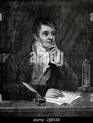 Sir Humphry Davy, von Thomas Phillips Sir Humphry Davy, 1. Baronet, PRS, MRIA, FGS (17. Dezember 1778 – 29. Mai 1829) war ein britischer Chemiker und Erfinder aus Cornwall[1], der die Davy-Lampe und eine sehr frühe Form der Bogenlampe erfand. Er wird auch daran erinnert, dass er zum ersten Mal durch den Einsatz von Elektrizität mehrere Elemente isoliert: Kalium und Natrium im Jahr 1807 und Kalzium, Strontium, Barium, Magnesium und Bor im folgenden Jahr sowie die elementare Natur von Chlor und Jod entdeckt hat. Davy untersuchte auch die Kräfte, die an diesen Trennungen beteiligt waren, und erfand das neue Feld des Elektrochemikers Stockfoto