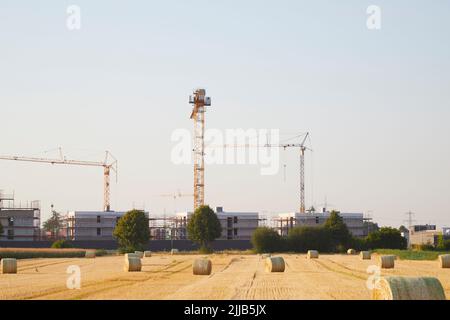 Hay bundes auf einem geernteten Weizenfeld im Vordergrund Bauarbeiten für Familienhäuser im Hintergrund. Symbol für neue Häuser in der Nähe countrysi Stockfoto