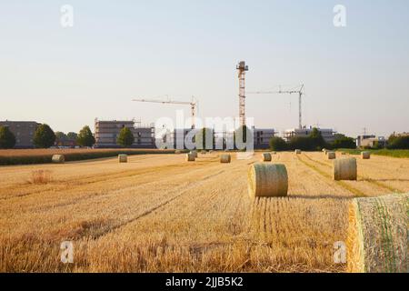 Hay bundes auf einem geernteten Weizenfeld im Vordergrund Bauarbeiten für Familienhäuser im Hintergrund. Symbol für neue Häuser in der Nähe countrysi Stockfoto