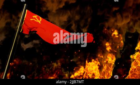 Flagge der Sowjetunion (UdSSR, SSSR) auf brennendem Feuer Hintergrund - harte Zeiten Konzept - abstrakt 3D Rendering Stockfoto