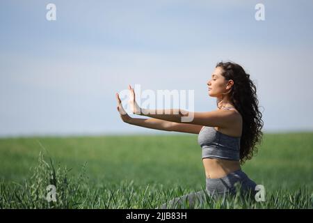 Seitenansicht Porträt einer Frau, die in einem grünen Weizenfeld Tai Chi praktiziert Stockfoto