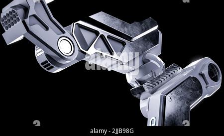 3D Rendering des industriellen Roboterarms mit mechanisch rotierenden Maschinenteilen mit moderner futuristischer eleganter und dramatischer Beleuchtung mit schwarzem Backgr Stockfoto