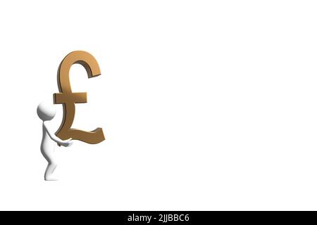 Mann trägt Geld Konzept 3D Figur trägt eine 3D Gold-Metall-Pfund Sterling Währungssymbol Zeichen ausgeschnitten isoliert auf weißem Hintergrund Stockfoto
