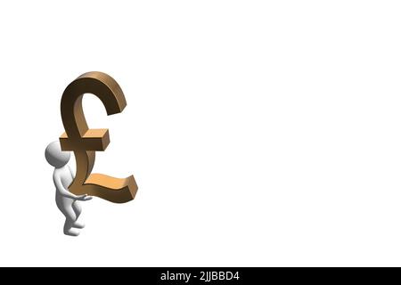 Mann trägt Geld Konzept 3D Figur trägt eine 3D Gold-Metall-Pfund Sterling Währungssymbol Zeichen ausgeschnitten isoliert auf weißem Hintergrund Stockfoto