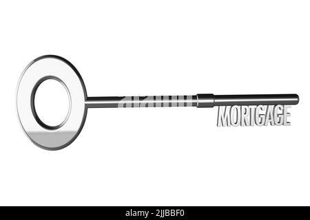Hypothekenkonzept von Silber metallic 3D Schlüssel zu Hause leihen Kreditaufnahme Hausdarlehen Darlehen Stockfoto