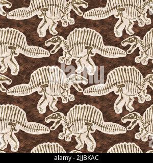 Braun handgezeichnete Spinosaurus fossile Knochen Dinosaurier nahtloses Muster. Geschlechtsspezifische neutrale jurassische Silhouette für die Babykrippe. Home Dekor für Museum Stockfoto