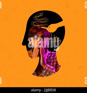 Collage zeitgenössischer Kunst. Konzeptuelles Image. Junger Mann, der unter Rauchsucht leidet. Kopfsilhouette Stockfoto