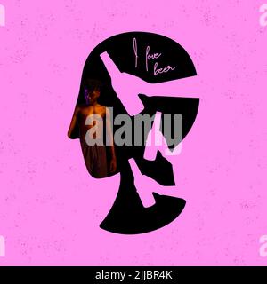 Collage zeitgenössischer Kunst. Konzeptuelles Image. Sportlicher junger Mann, der an Alkoholabhängigkeit leidet. Psychische Probleme Stockfoto