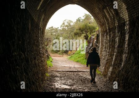 Eastern Port Swan View Tunnel Western Australia John Forest Heritage Trail Jane Brook Valley Person, die aus dem Tunnel läuft Stockfoto