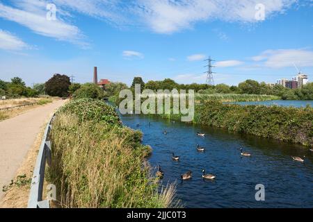 Wanderweg entlang des Coppermill Stream auf Walthamstow Wetlands, North London, Großbritannien, im Sommer Stockfoto