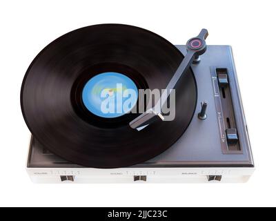 Vintage Plattenspieler mit drehender Platte isoliert auf weißem Hintergrund Stockfoto