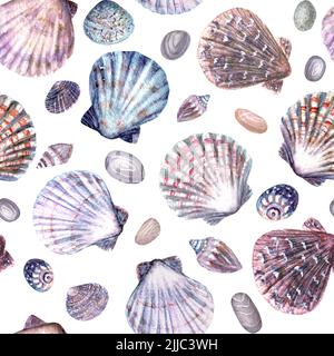 Aquarell Muschel, Stein nahtloses Muster. Handgezeichnete Muscheln und Kieselsteine Textur Vintage Ozean Hintergrund. Aquarell Marine Illustration. Prin Stockfoto