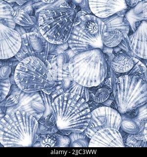 Aquarell Muschel, Stein nahtloses Muster. Handgezeichnete Muscheln und Kieselsteine Textur Ozean Hintergrund. Aquarell blau marine Illustration. Drucken f Stockfoto