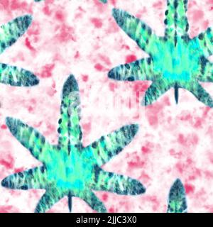 Krawatte Farbstoff Marihuana Blätter nahtloses Muster. Handbemalte grüne Elemente auf rosa und weißem Tie-Dye-Hintergrund. Abstrakte Textur. Konzept der Legalisa Stockfoto