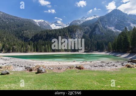 Panorama des Tovelsees - natürliches Wasser, Wald und Gebirge in der Höhe, Ville d'Anaunia, Trentino, Italien Stockfoto