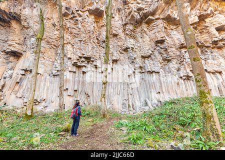 Basaltische Säulen in Sant Joan Les Fonts, Naturpark des Vulkangebiets La Garrotxa, Girona, Spanien Stockfoto