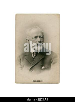 Pjotr Iljitsch Tschaikowsky (russisch: Пётр Ильич Чайковский); 7. Mai 1840 – 6. November 1893) war ein russischer Komponist der Romantik. Alte Vintage-Postkarte des Russischen Reiches, 1892. Stockfoto