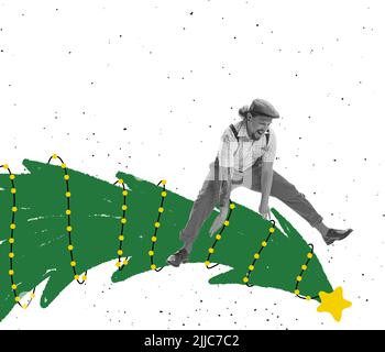 Collage zeitgenössischer Kunst. Kreatives Design. Fröhlicher stilvoller Mann, der über geschmückten weihnachtsbaum springt Stockfoto