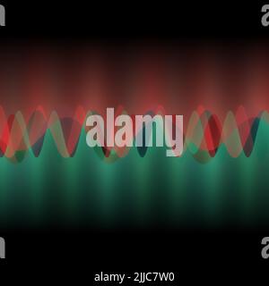 Illustration mehrerer Wellen, die durch viele kleine digitale vertikale Linien oszillieren oder überlappen abstraktes dekoratives modernes Design auf schwarzem Hintergrund Stockfoto