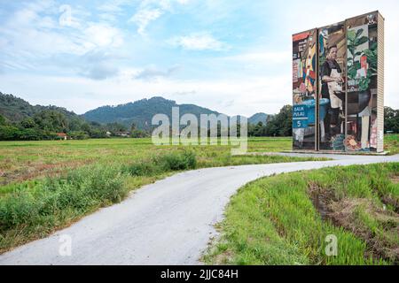 Penang Container Art befindet sich mitten im Reisfeld. Diese Kunst wird derzeit in Balik Pulau, Penang Island, gezeigt. Stockfoto