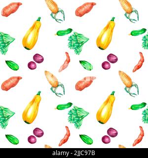 Vielzahl von bunten Gemüse Aquarell nahtlose Muster auf weiß. Kartoffeln, Kürbis, Gurken, Gemüseblätter, Zucchini handbemalt. Gemüse Stockfoto