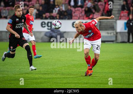 Herning, Dänemark. 22., Juli 2022. Tobias Salquist (20) aus Silkeborg, DER 3F in der MCH Arena in Herning in der Superliga zwischen dem FC Midtjylland und Silkeborg zu sehen war. (Foto: Gonzales Photo - Morten Kjaer). Stockfoto