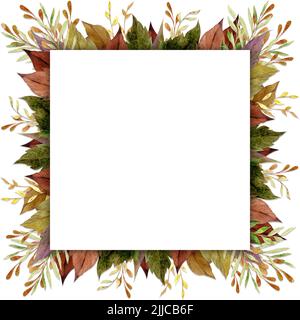 Aquarell-Rahmenanordnung mit handgezeichneten Herbstzweigen und Blättern. Isoliert auf weißem Hintergrund. Design für Einladungen, Hochzeiten, Grußkarten Stockfoto