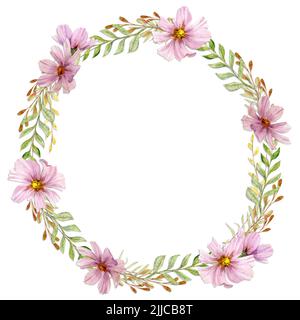 Aquarell-Kranz-Arrangement mit handgezeichneten Herbstblumen, Ästen und Blättern. Isoliert auf weißem Hintergrund. Design für Einladungen, Hochzeiten Stockfoto