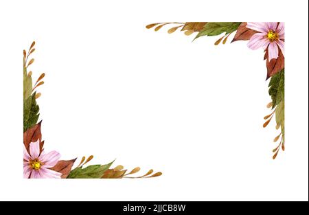 Aquarell-Rahmenanordnung mit handgezeichneten Herbstblumen, Ästen und Blättern. Isoliert auf weißem Hintergrund. Design für Einladungen, Hochzeiten Stockfoto