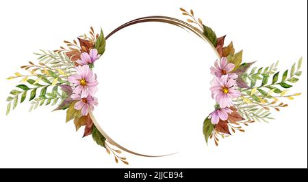 Aquarell-Rahmenanordnung mit handgezeichneten Herbstblumen, Ästen und Blättern. Isoliert auf weißem Hintergrund. Design für Einladungen, Hochzeiten Stockfoto