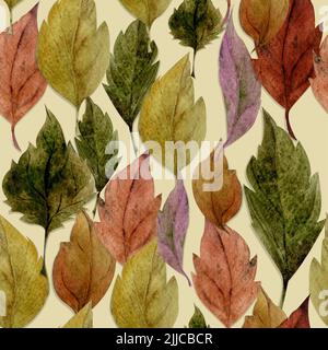Aquarell von Hand gezeichnetes nahtloses Muster mit Herbstzweigen und Blättern. Isoliert auf weißem Hintergrund. Design für Einladungen, Hochzeiten oder Grußkarten Stockfoto