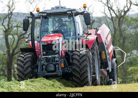 Großes Ballengras auf einer Wiese mit einem Massey Ferguson-Traktor und einer Ballenpresse mit Verpackung 3130DF. Dumfries, Schottland. Stockfoto