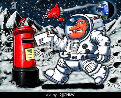 Lustige Cartoon-Kunst, eines Mannes, der auf dem Mond einen Brief in eine Royal Mail Box postet, der Sammelobjekte der Weltraumpost, FDCs oder extreme Postphilatelie illustriert. Stockfoto