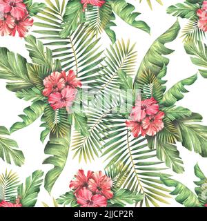 Rote Hibiskusblüten mit tropischen Palmenblättern auf weißem Hintergrund. Aquarelldarstellung. Nahtloses Muster. Für Textilien, Stoffe, Innenräume Stockfoto
