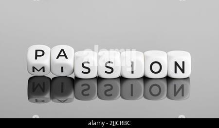 Erfüllen Sie Ihre Mission mit Leidenschaft Konzept. Würfelblöcke mit Wörtern umschlagen Stockfoto