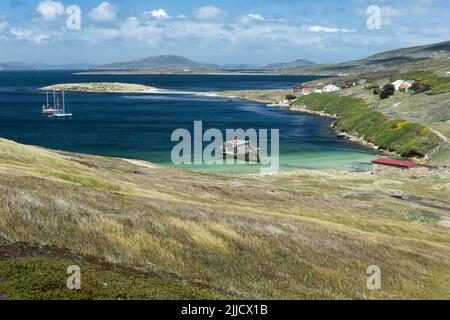 Blick auf die Landschaft von Yachten, Gebäuden und Schiffswrack, Coffin's Bay, New Island, Falkland Islands im Dezember. Stockfoto